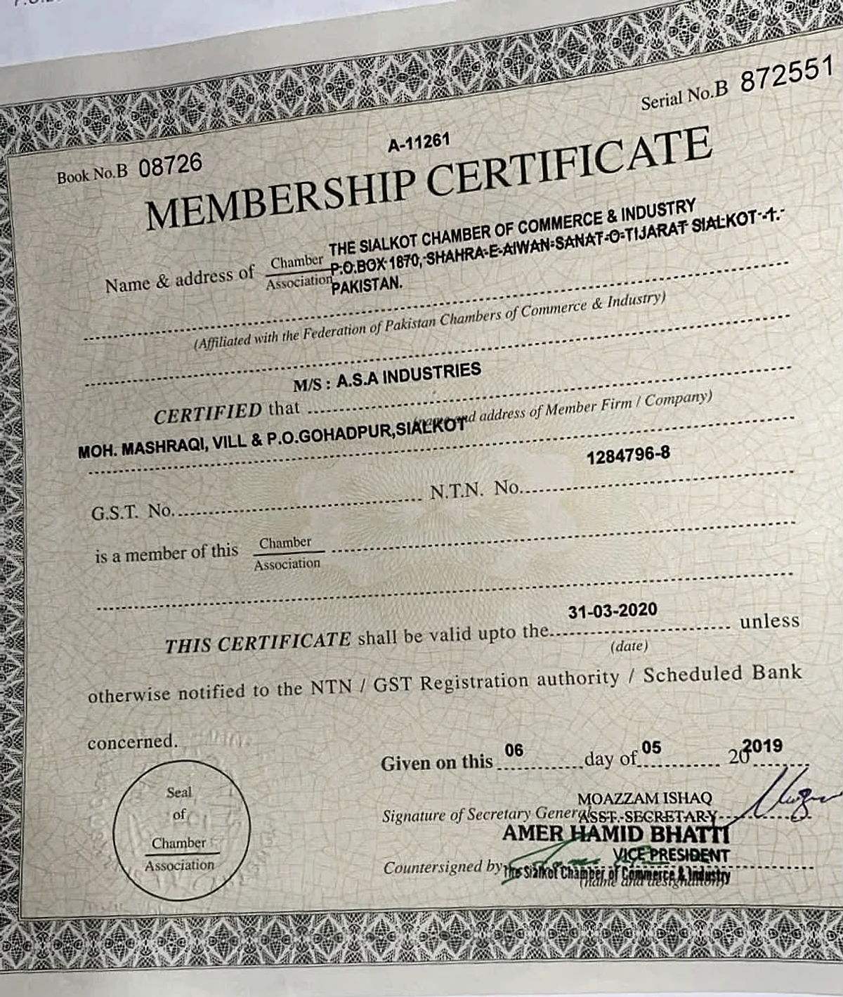 SCCI Membership Certificate for ASA Industries