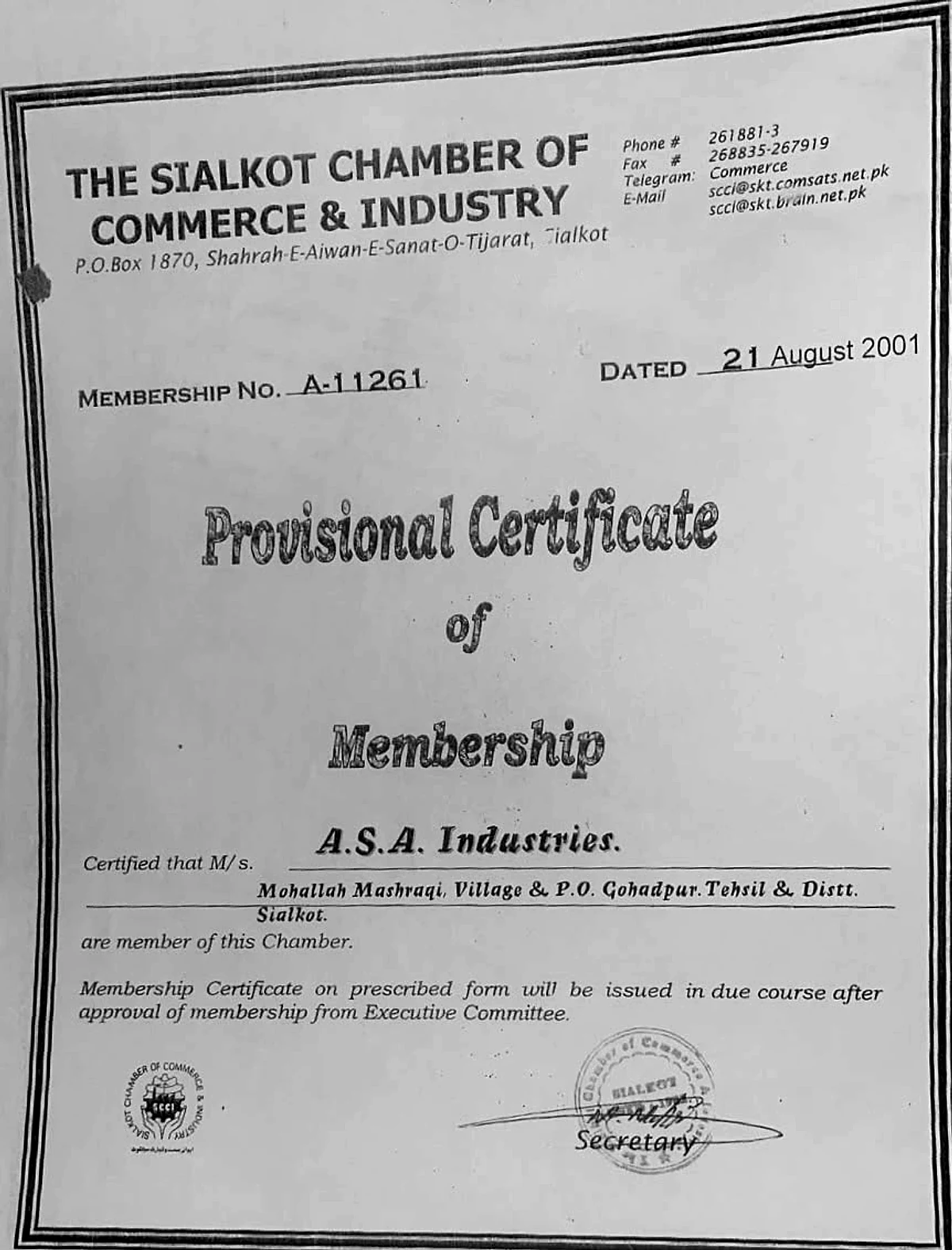 SCCI Provisional Membership for ASA Industries
