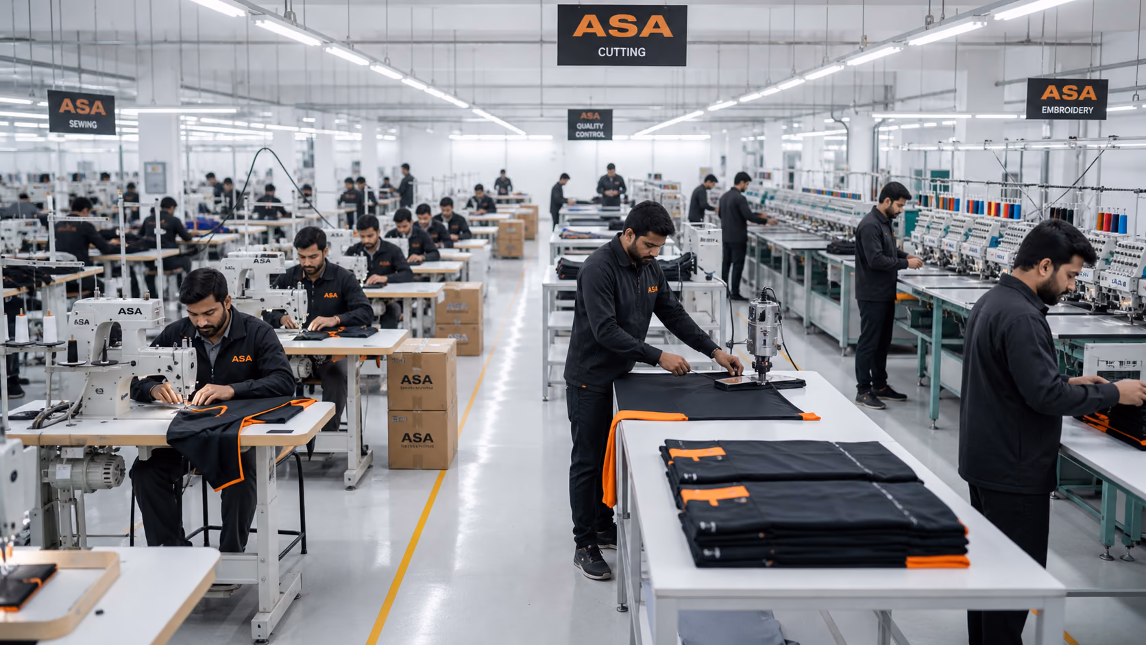 Workers and machinery on the ASA production floor, Sialkot